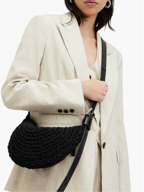 All Saints Black Woven Crochet Crossbody Bag new
